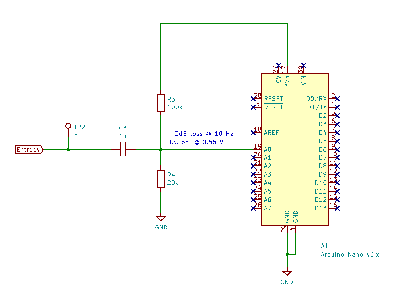 Sampling circuit schematic for REALLYREALLYRANDOM's Type 3 Mata Hari Cryptography kit's entropy source.