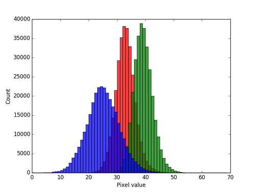 Typical frame from the Photonic Instrument, decomposed into red, green and blue channel histograms.
